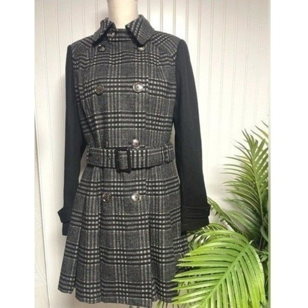 Michael Kors Black Gray Plaid Military Trench Coat Women's 6